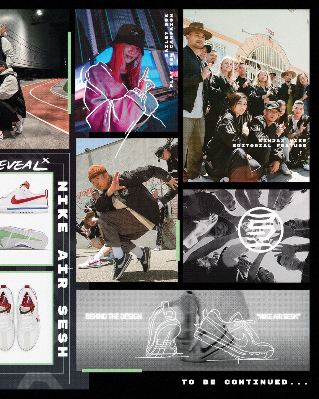 A collage of the Air Sesh campaign: the shoe, the crew and design sketches